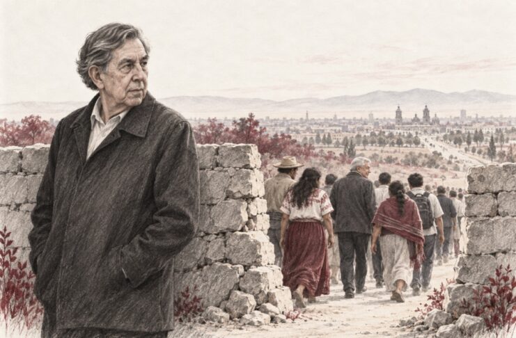 Cuauhtémoc Cárdenas y la 4T: la difícil aceptación del relevo Ilustración a lápiz de Cuauhtémoc Cárdenas junto a una abertura en un muro, mientras López Obrador y un grupo de personas continúan por el camino.
