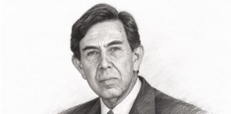 Cuauhtémoc Cárdenas: el hombre que abrió caminos a la democracia mexicana Retrato de Cuauhtémoc Cárdenas en estilo de dibujo a lápiz, con traje y corbata, expresión seria y fondo blanco.