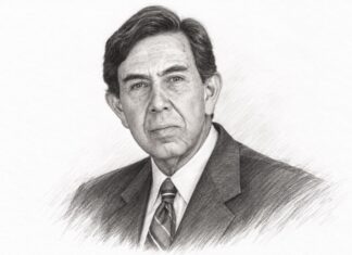 Cuauhtémoc Cárdenas: el hombre que abrió caminos a la democracia mexicana Retrato de Cuauhtémoc Cárdenas en estilo de dibujo a lápiz, con traje y corbata, expresión seria y fondo blanco.