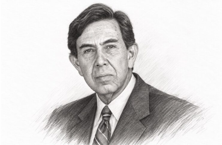 Cuauhtémoc Cárdenas: el hombre que abrió caminos a la democracia mexicana Retrato de Cuauhtémoc Cárdenas en estilo de dibujo a lápiz, con traje y corbata, expresión seria y fondo blanco.