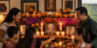 Día de Muertos: una tradición que reúne a las familias y a México Dos adultos y tres menores reunidos frente a una ofrenda con fotografías, flores de cempasúchil, veladoras, frutas y pan.