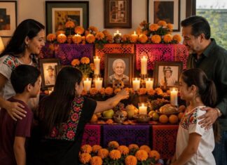 Día de Muertos: una tradición que reúne a las familias y a México Dos adultos y tres menores reunidos frente a una ofrenda con fotografías, flores de cempasúchil, veladoras, frutas y pan.