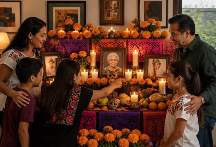 Día de muertos, día de convivencia Dos adultos y tres menores reunidos frente a una ofrenda con fotografías, flores de cempasúchil, veladoras, frutas y pan.