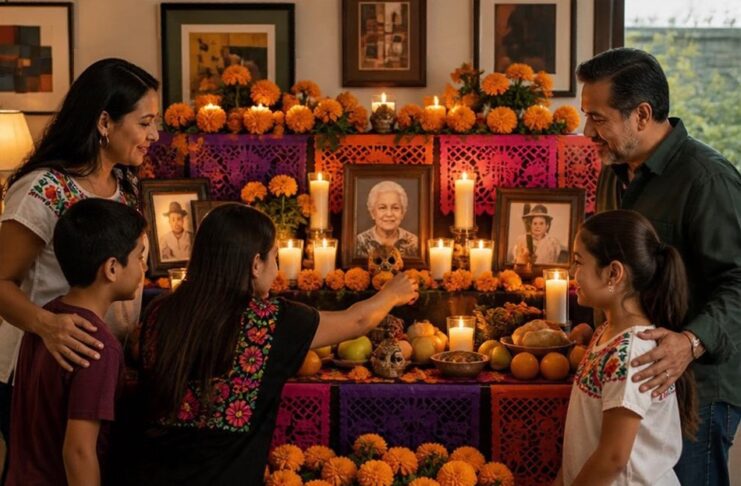 Día de Muertos: una tradición que reúne a las familias y a México Dos adultos y tres menores reunidos frente a una ofrenda con fotografías, flores de cempasúchil, veladoras, frutas y pan.