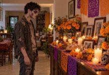 Entre zombis y calaveras: una tradición necesita más que adornos Joven disfrazado de zombi contempla una ofrenda doméstica con fotografías familiares, cempasúchil, veladoras y pan de muerto.