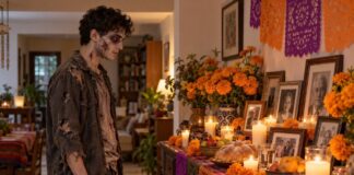 Entre zombis y calaveras: una tradición necesita más que adornos Joven disfrazado de zombi contempla una ofrenda doméstica con fotografías familiares, cempasúchil, veladoras y pan de muerto.