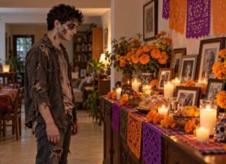 Entre zombis y calaveras: una tradición necesita más que adornos Joven disfrazado de zombi contempla una ofrenda doméstica con fotografías familiares, cempasúchil, veladoras y pan de muerto.