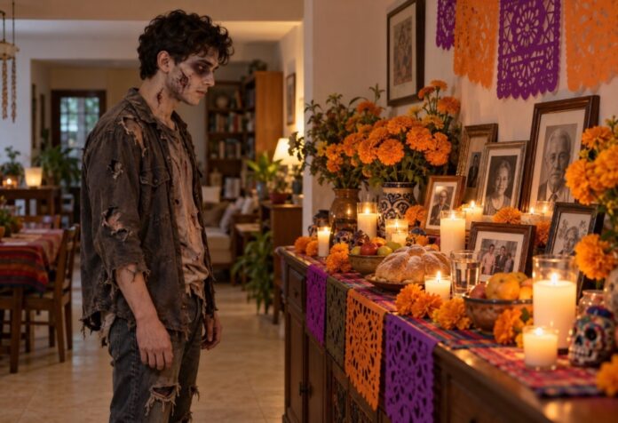 Joven disfrazado de zombi contempla una ofrenda doméstica con fotografías familiares, cempasúchil, veladoras y pan de muerto.