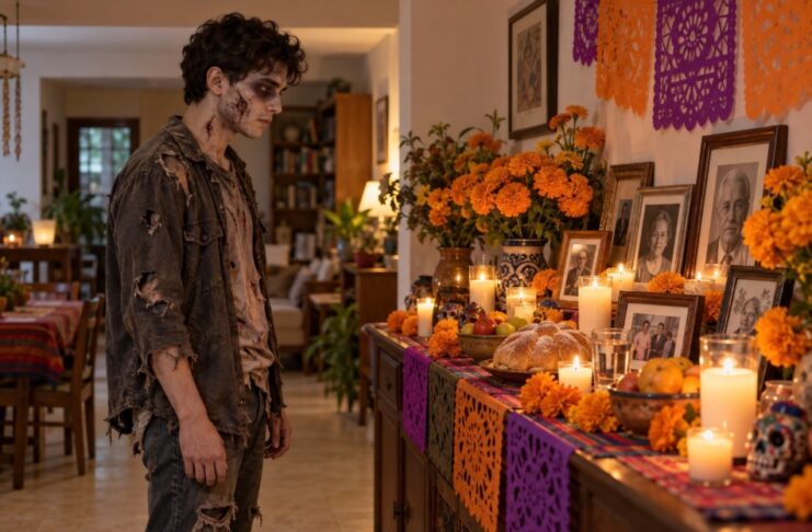 Entre zombis y calaveras: una tradición necesita más que adornos Joven disfrazado de zombi contempla una ofrenda doméstica con fotografías familiares, cempasúchil, veladoras y pan de muerto.