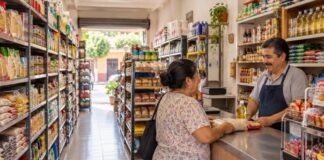 Una tiendita bien surtida también necesita proporcionar espacio para comprar Tiendita de abarrotes con anaqueles surtidos y ordenados, pasillo libre y un comerciante atendiendo a una clienta en un mostrador despejado.