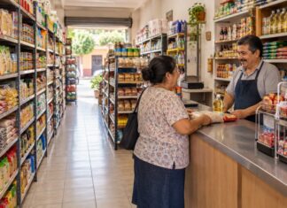 Una tiendita bien surtida también necesita proporcionar espacio para comprar Tiendita de abarrotes con anaqueles surtidos y ordenados, pasillo libre y un comerciante atendiendo a una clienta en un mostrador despejado.