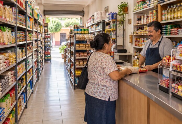 Espacio en tu tienda Tiendita de abarrotes con anaqueles surtidos y ordenados, pasillo libre y un comerciante atendiendo a una clienta en un mostrador despejado.