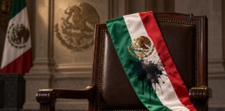 Una investidura manchada Banda presidencial mexicana con una mancha de tinta negra, colocada sobre el respaldo de una silla vacía.