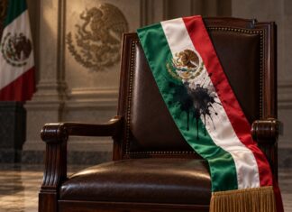 Una investidura manchada Banda presidencial mexicana con una mancha de tinta negra, colocada sobre el respaldo de una silla vacía.