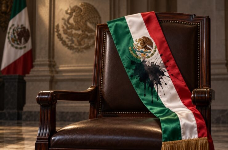 Una investidura manchada Banda presidencial mexicana con una mancha de tinta negra, colocada sobre el respaldo de una silla vacía.