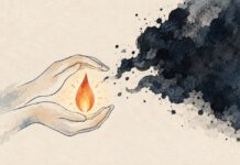 Otra vez la maldita corrupción Ilustración de dos manos que protegen una pequeña llama mientras una mancha oscura se aproxima sobre un fondo claro.