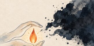 Otra vez la maldita corrupción Ilustración de dos manos que protegen una pequeña llama mientras una mancha oscura se aproxima sobre un fondo claro.