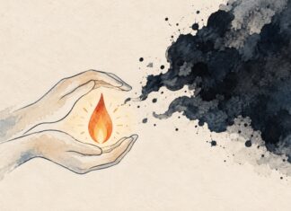 Otra vez la maldita corrupción Ilustración de dos manos que protegen una pequeña llama mientras una mancha oscura se aproxima sobre un fondo claro.