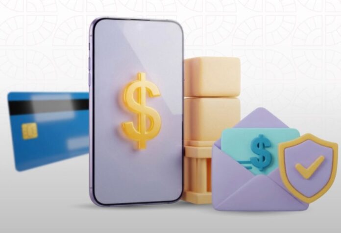 Ley de pagos digitales Ilustración de un teléfono con símbolo de dinero, tarjeta bancaria, monedas y un escudo con marca de verificación.