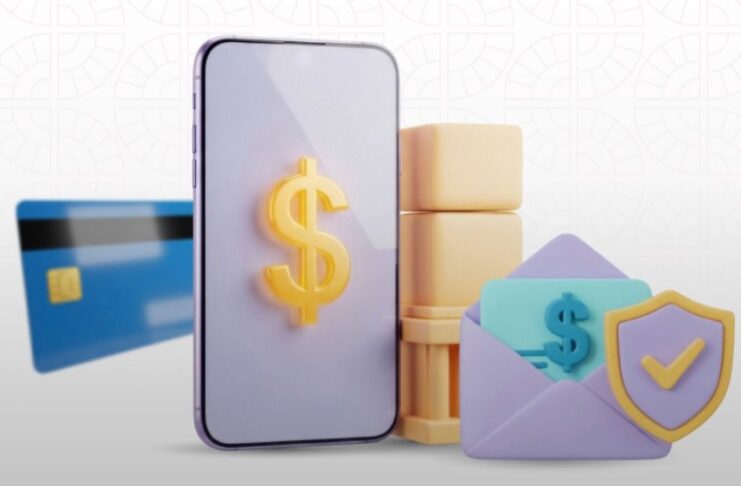 Ley de Pagos Digitales: lo que necesita saber la tiendita y su relación con el SAT Ilustración de un teléfono con símbolo de dinero, tarjeta bancaria, monedas y un escudo con marca de verificación.