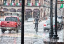Llueve a cántaros, pero el agua sigue faltando Un ciclista y varios vehículos circulan bajo una lluvia intensa en una calle con edificios antiguos y banderas mexicanas.