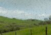 Por qué unos lugares reciben tanta lluvia y otros tan poca Gotas de lluvia sobre un cristal, con un paisaje verde y un cielo gris desenfocados al fondo.