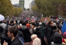 Francia vuelve a las calles pese a los toques de queda y el despliegue policial Multitud de manifestantes con pancartas y paraguas en una amplia avenida arbolada.