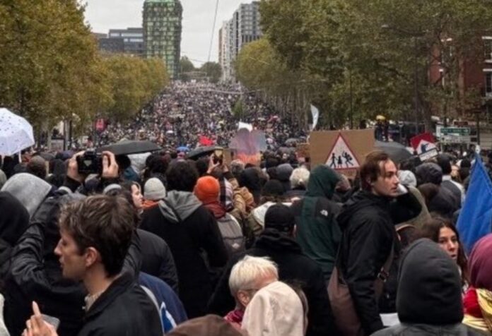 Manifestaciones en Francia Multitud de manifestantes con pancartas y paraguas en una amplia avenida arbolada.
