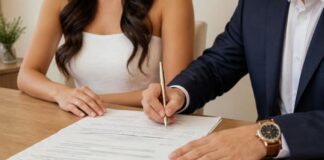 El matrimonio pierde terreno, pero conserva su fortaleza: la estabilidad Una pareja vestida de boda firma un documento sobre una mesa de madera.