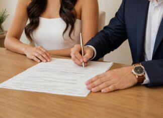 El matrimonio pierde terreno, pero conserva su fortaleza: la estabilidad Una pareja vestida de boda firma un documento sobre una mesa de madera.