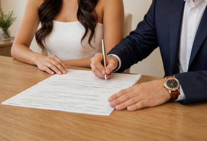 Matrimonio civil Una pareja vestida de boda firma un documento sobre una mesa de madera.
