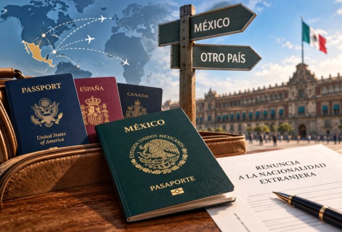 Nacionalidad Única para gobernar Pasaporte mexicano junto a pasaportes extranjeros y un documento de renuncia a la nacionalidad, como representación de la reforma sobre nacionalidad única para gobernar.