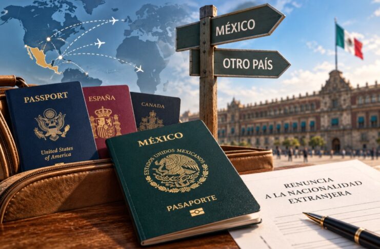Nacionalidad única para gobernar: lo que cambia con la reforma constitucional Pasaporte mexicano junto a pasaportes extranjeros y un documento de renuncia a la nacionalidad, como representación de la reforma sobre nacionalidad única para gobernar.