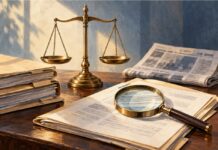 El Universal afirma que hay persecución contra jueces, pero no demuestra inocencia Balanza de justicia junto a expedientes, una lupa sobre documentos y un periódico al fondo.