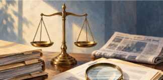 El Universal afirma que hay persecución contra jueces, pero no demuestra inocencia Balanza de justicia junto a expedientes, una lupa sobre documentos y un periódico al fondo.
