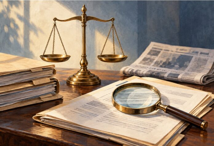 Persecución política o culpabilidad Balanza de justicia junto a expedientes, una lupa sobre documentos y un periódico al fondo.
