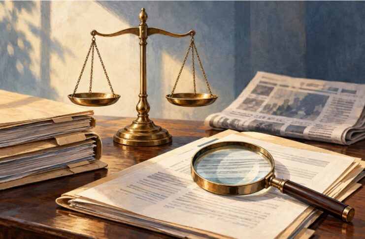 El Universal afirma que hay persecución contra jueces, pero no demuestra inocencia Balanza de justicia junto a expedientes, una lupa sobre documentos y un periódico al fondo.