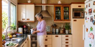 Cuidarnos al envejecer también es cuidar nuestra libertad Mujer mayor de pie en una cocina sostiene una jarra con ambas manos a una altura cómoda, con los pies apoyados en el piso.