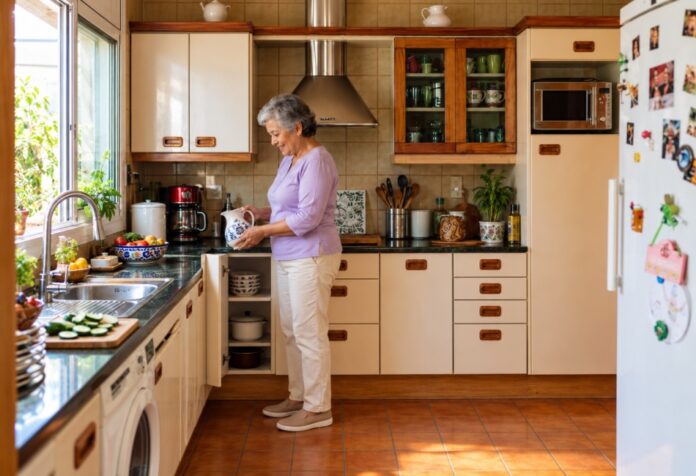 Persona mayor tomando precauciones Mujer mayor de pie en una cocina sostiene una jarra con ambas manos a una altura cómoda, con los pies apoyados en el piso.
