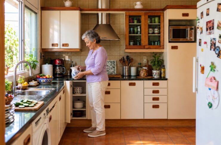 Cuidarnos al envejecer también es cuidar nuestra libertad Mujer mayor de pie en una cocina sostiene una jarra con ambas manos a una altura cómoda, con los pies apoyados en el piso.