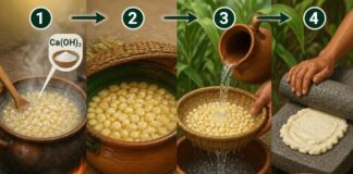 Nixtamalización: la ciencia que los pueblos mesoamericanos descubrieron antes de conocer la química Proceso de nixtamalización del maíz: cocción con cal, reposo, lavado y molienda para obtener masa.