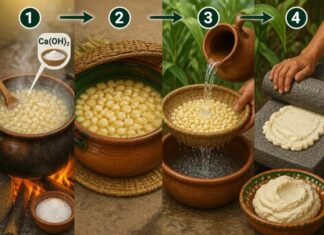 Nixtamalización: la ciencia que los pueblos mesoamericanos descubrieron antes de conocer la química Proceso de nixtamalización del maíz: cocción con cal, reposo, lavado y molienda para obtener masa.