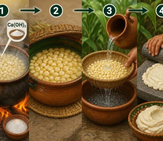 Nixtamalización: la ciencia que los pueblos mesoamericanos descubrieron antes de conocer la química Proceso de nixtamalización del maíz: cocción con cal, reposo, lavado y molienda para obtener masa.
