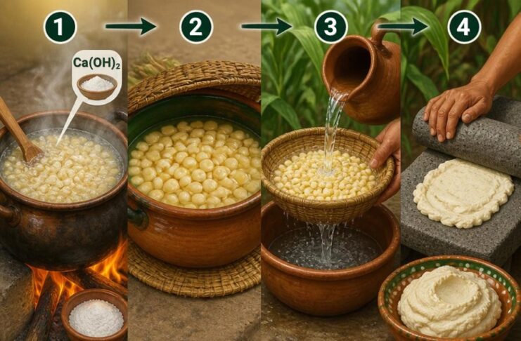Nixtamalización: la ciencia que los pueblos mesoamericanos descubrieron antes de conocer la química Proceso de nixtamalización del maíz: cocción con cal, reposo, lavado y molienda para obtener masa.