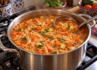 Una sopa que da gusto preparar y comer Olla sobre la estufa con sopa de fideo en caldo de jitomate, zanahoria, calabacita y pollo deshebrado, lista para servir.
