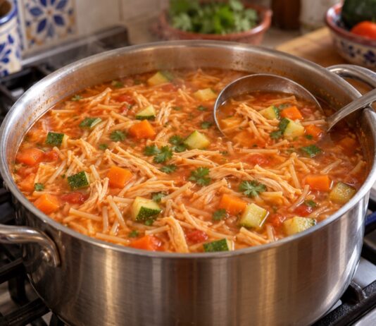 Una sopa que da gusto preparar y comer Olla sobre la estufa con sopa de fideo en caldo de jitomate, zanahoria, calabacita y pollo deshebrado, lista para servir.