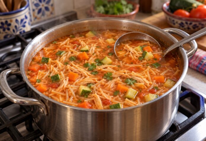 Sopa nutritiva Olla sobre la estufa con sopa de fideo en caldo de jitomate, zanahoria, calabacita y pollo deshebrado, lista para servir.